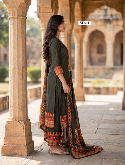 Wholesale SD-11 Dark Olive Paisley 3 Pcs Suit - Side View | The Wardrobe Fabrics