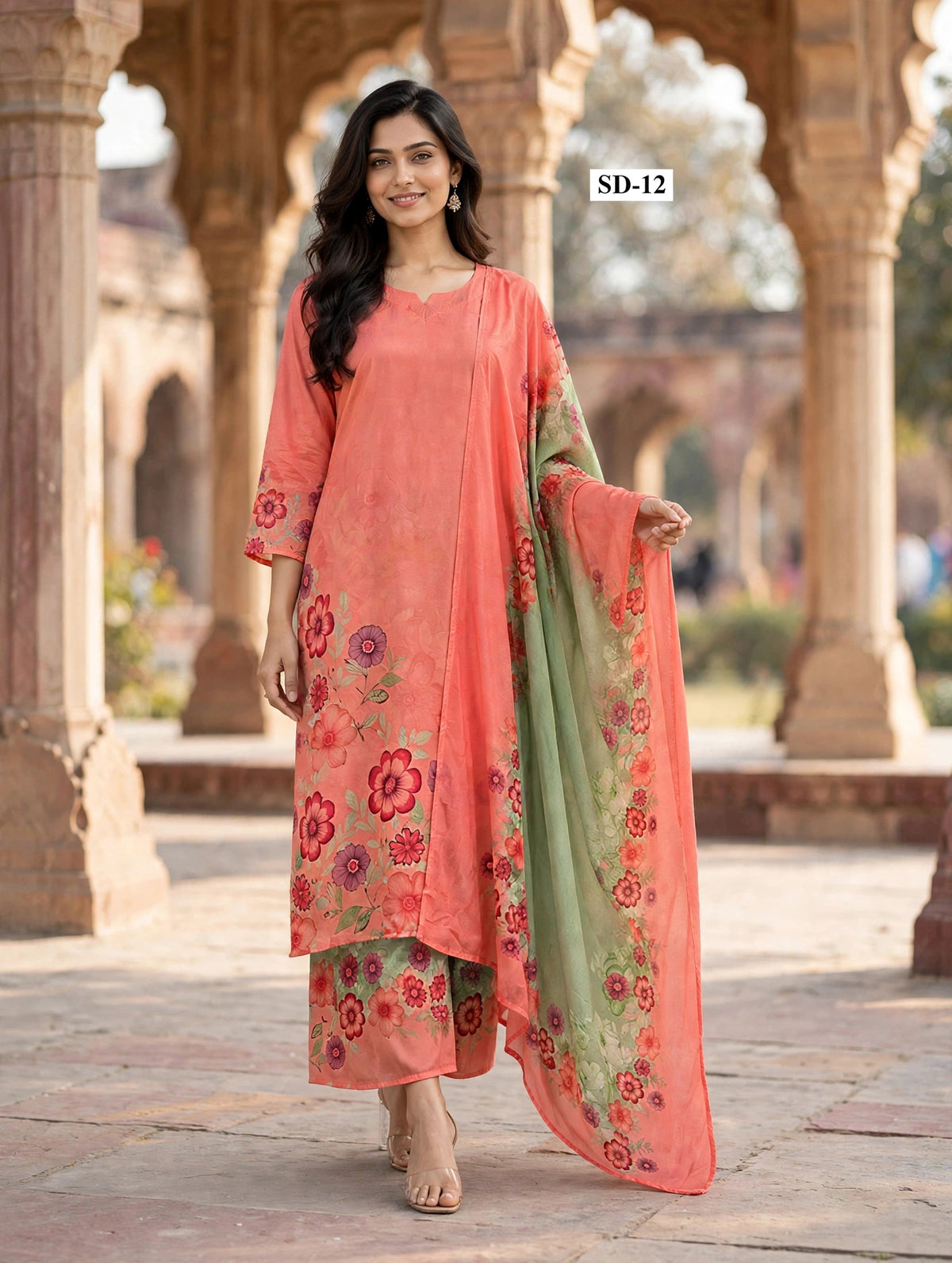 Wholesale SD-12 Coral Sage Floral 3 Pcs Suit - Semi Muslin | The Wardrobe Fabrics