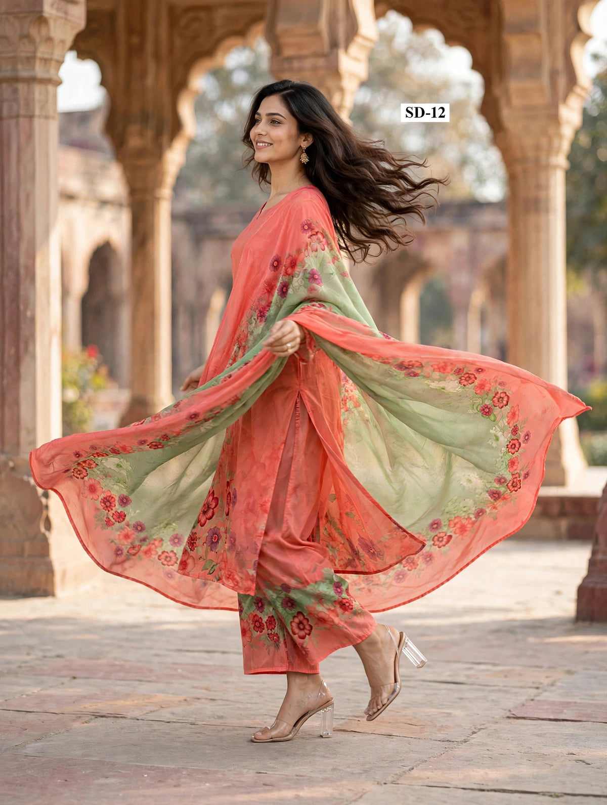 Wholesale SD-12 Coral Sage Floral 3 Pcs Suit - Alternate Pose | The Wardrobe Fabrics