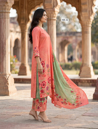 Wholesale SD-12 Coral Sage Floral 3 Pcs Suit - Side View | The Wardrobe Fabrics