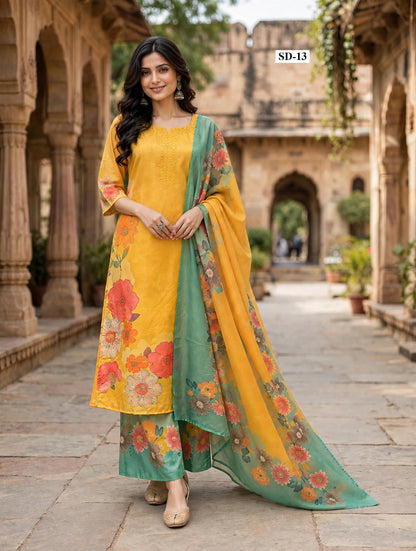 Wholesale SD-13 Mustard Coral Floral 3 Pcs Suit - Semi Muslin | The Wardrobe Fabrics