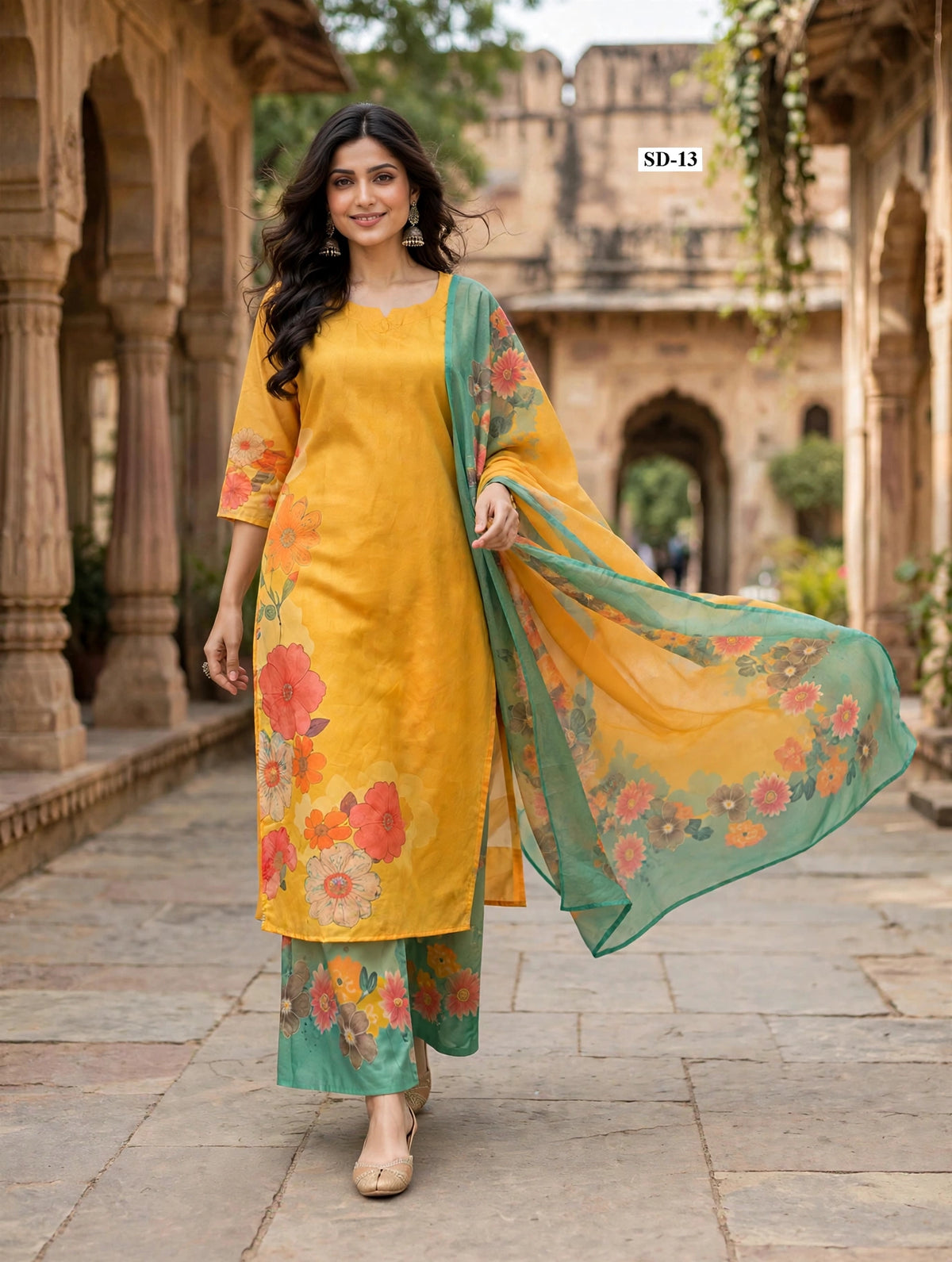 Wholesale SD-13 Mustard Coral Floral 3 Pcs Suit - Alternate Pose | The Wardrobe Fabrics
