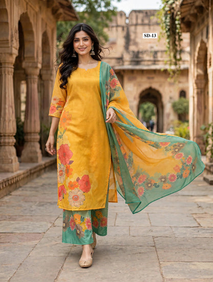 Wholesale SD-13 Mustard Coral Floral 3 Pcs Suit - Alternate Pose | The Wardrobe Fabrics