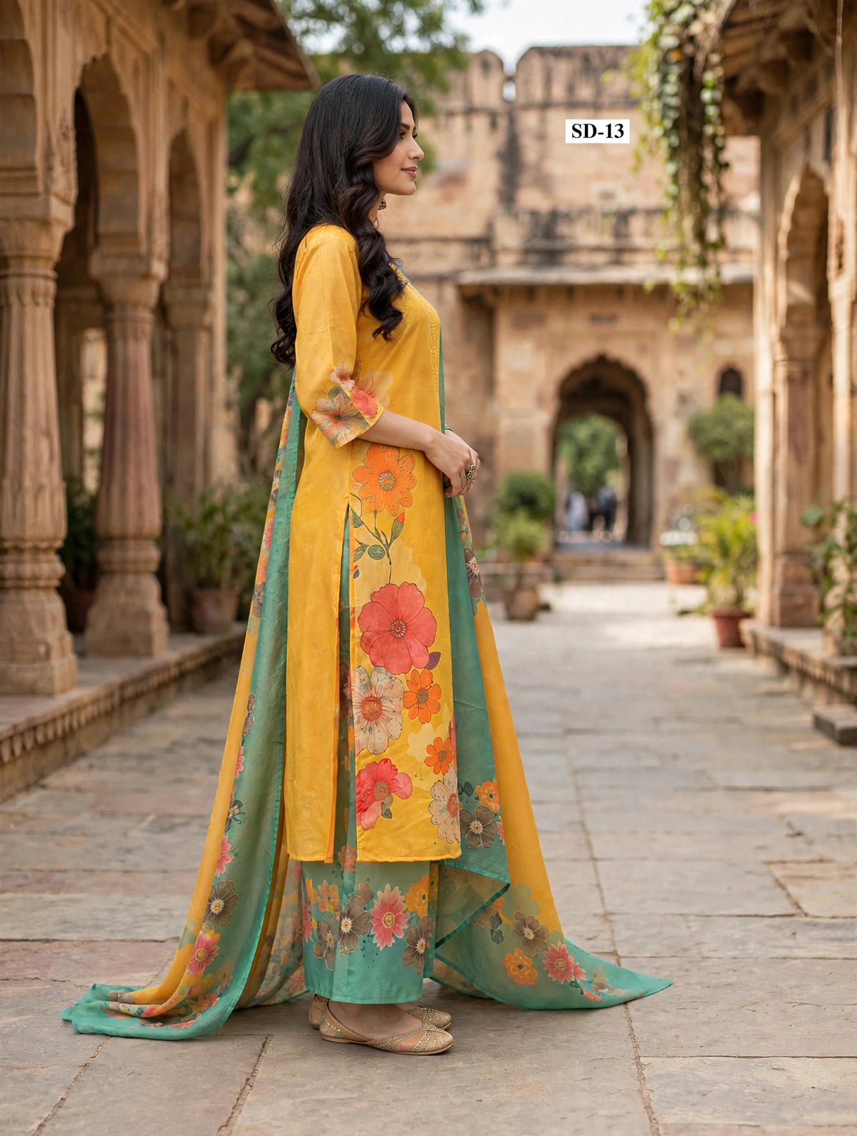 Wholesale SD-13 Mustard Coral Floral 3 Pcs Suit - Side View | The Wardrobe Fabrics