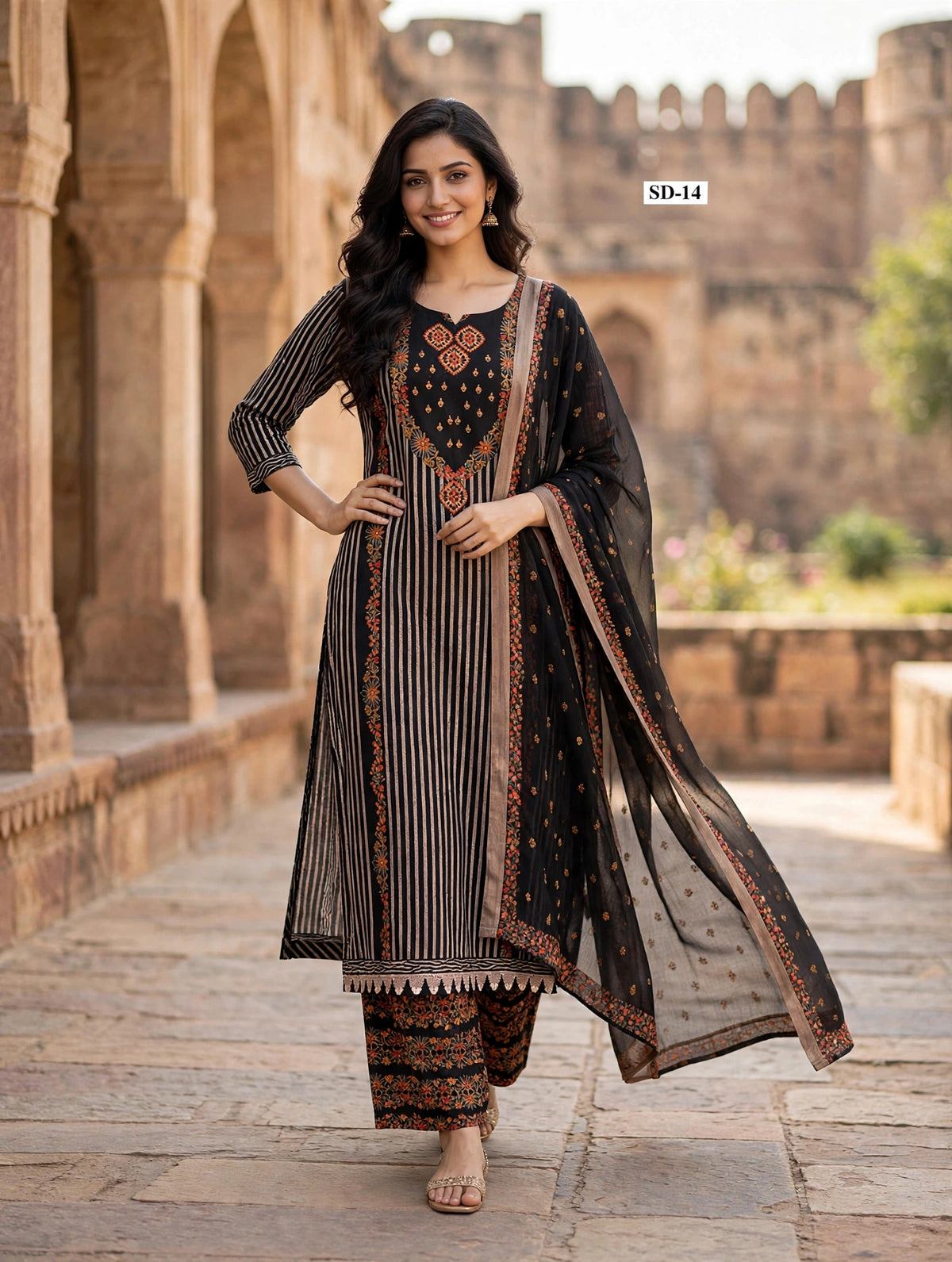 Wholesale SD-14 Black Rust Stripe 3 Pcs Suit - Semi Muslin | The Wardrobe Fabrics