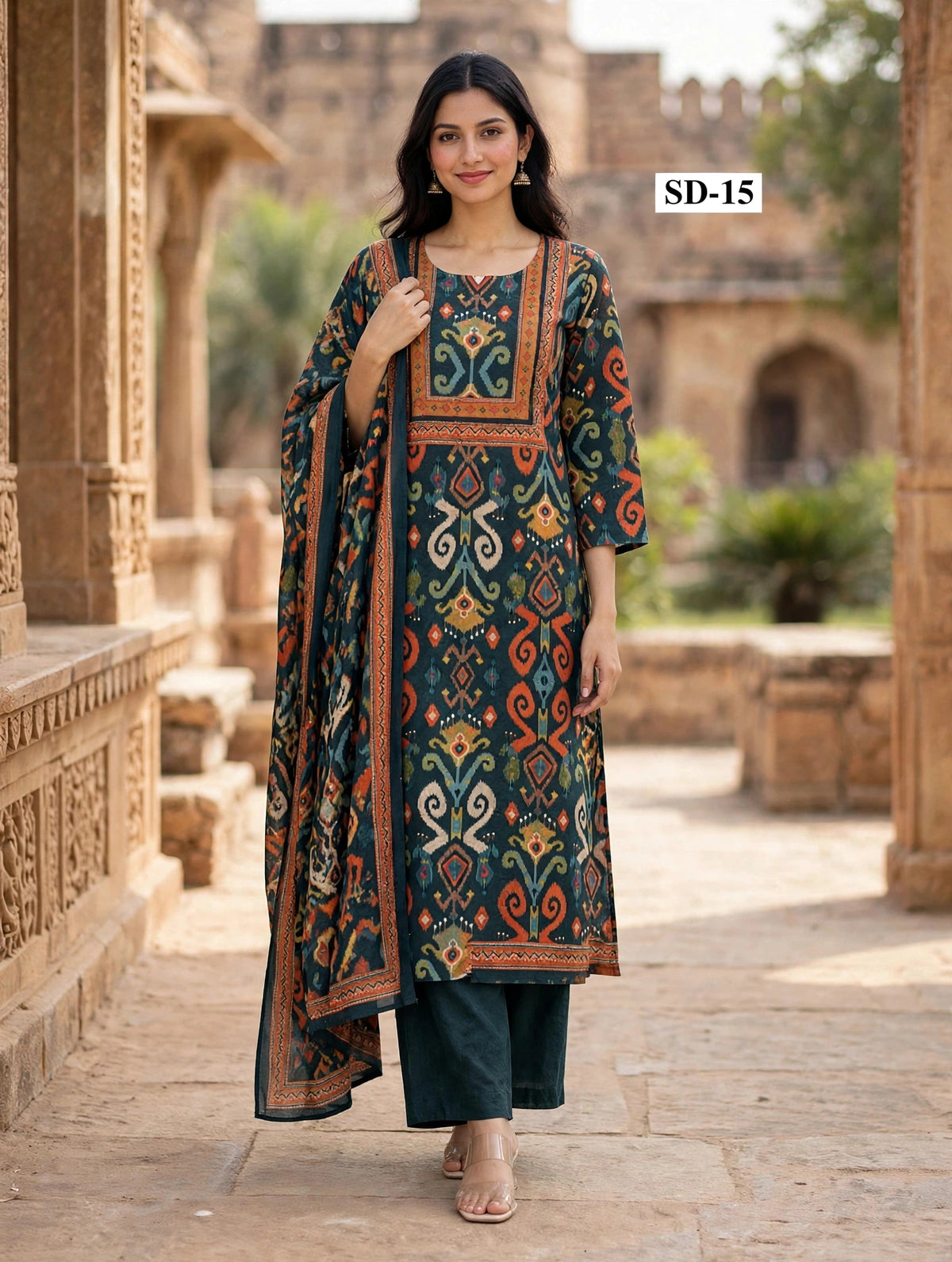 Wholesale SD-15 Teal Orange Ikat 3 Pcs Suit - Semi Muslin | The Wardrobe Fabrics