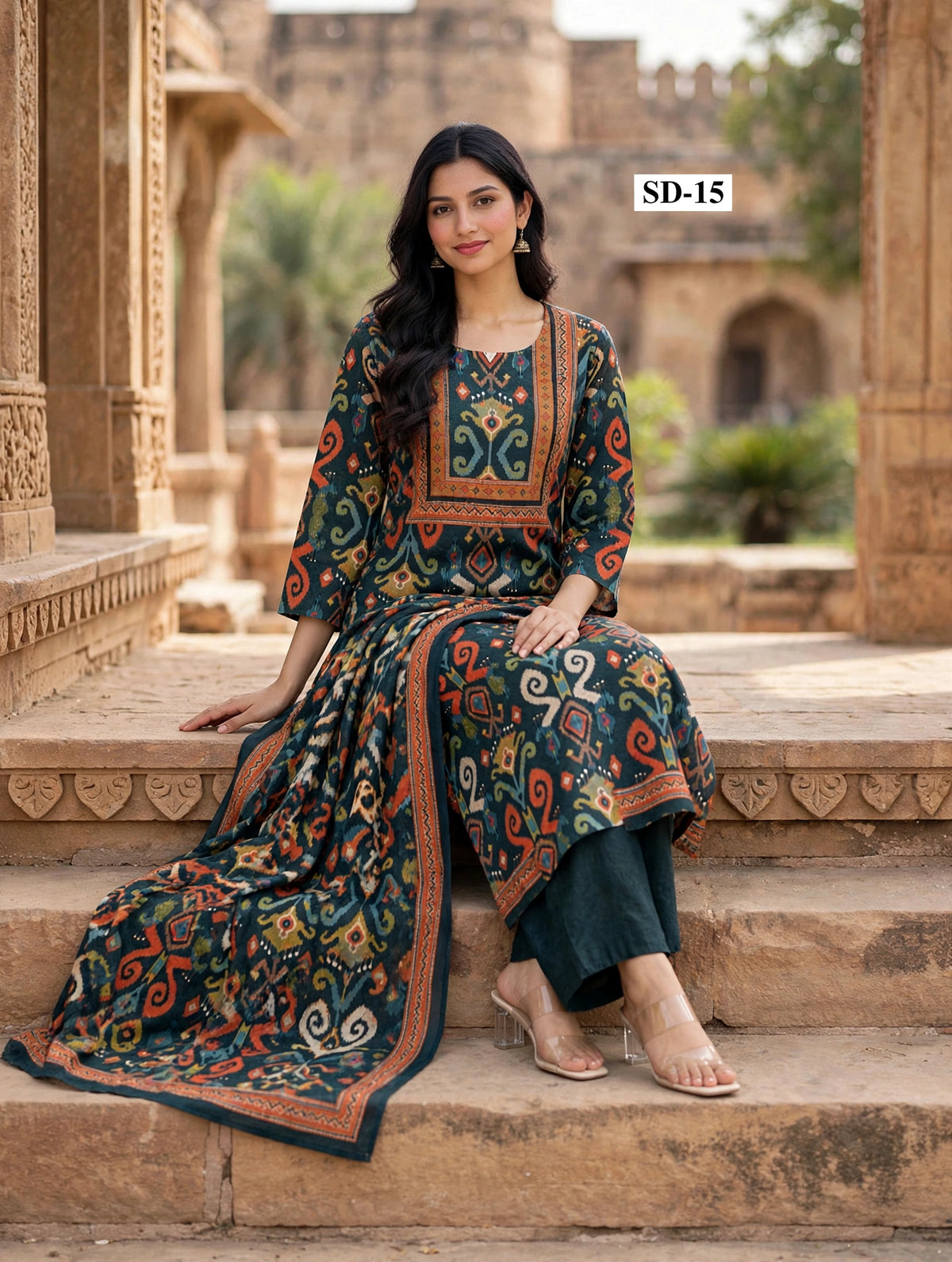 Wholesale SD-15 Teal Orange Ikat 3 Pcs Suit - Alternate Pose | The Wardrobe Fabrics