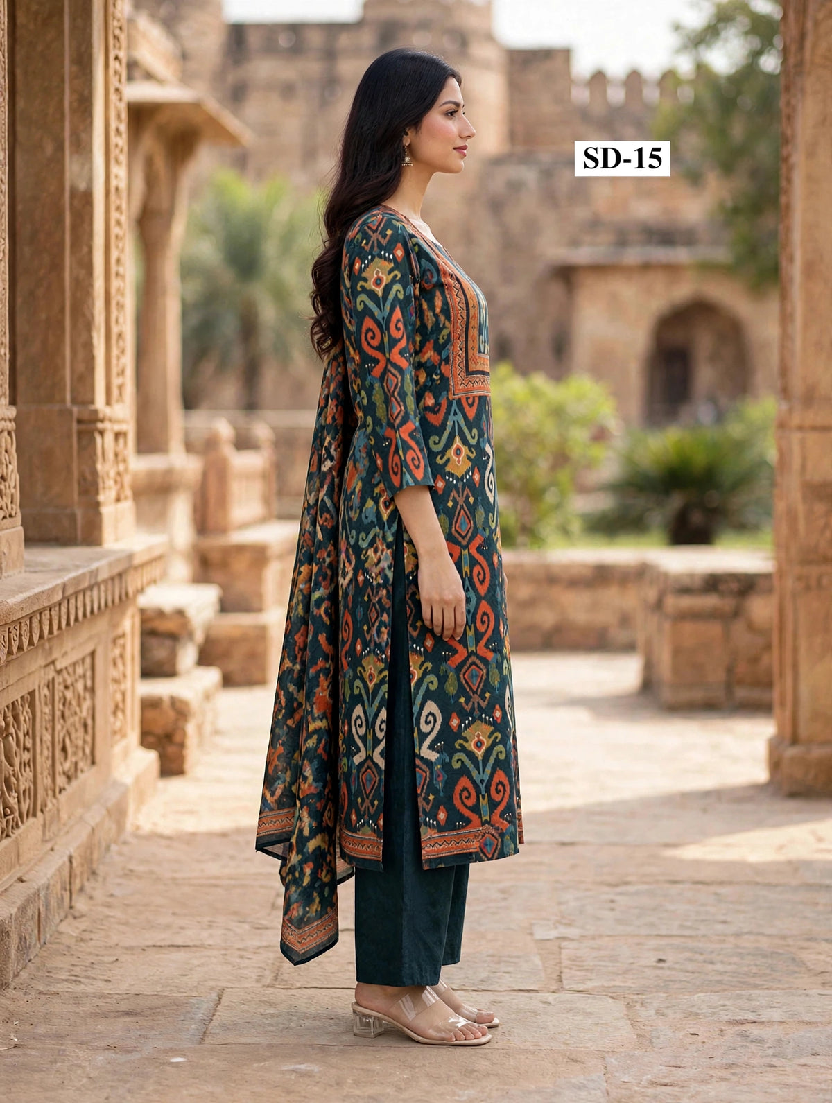 Wholesale SD-15 Teal Orange Ikat 3 Pcs Suit - Side View | The Wardrobe Fabrics