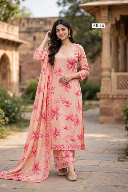 Wholesale SD-16 Peach Fuchsia Watercolor 3 Pcs Suit - Semi Muslin | The Wardrobe Fabrics