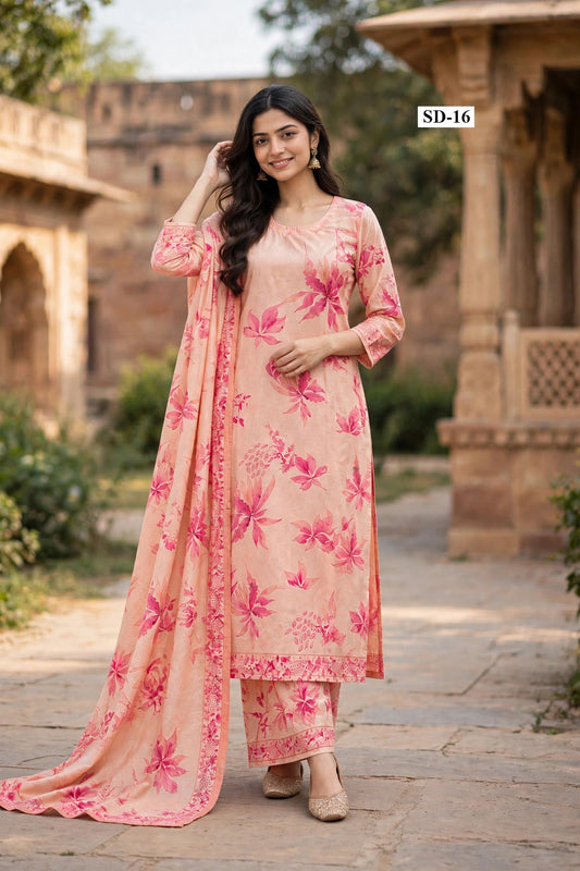 Wholesale SD-16 Peach Fuchsia Watercolor 3 Pcs Suit - Semi Muslin | The Wardrobe Fabrics