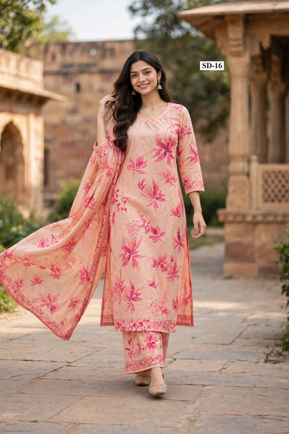 Wholesale SD-16 Peach Fuchsia Watercolor 3 Pcs Suit - Alternate Pose | The Wardrobe Fabrics