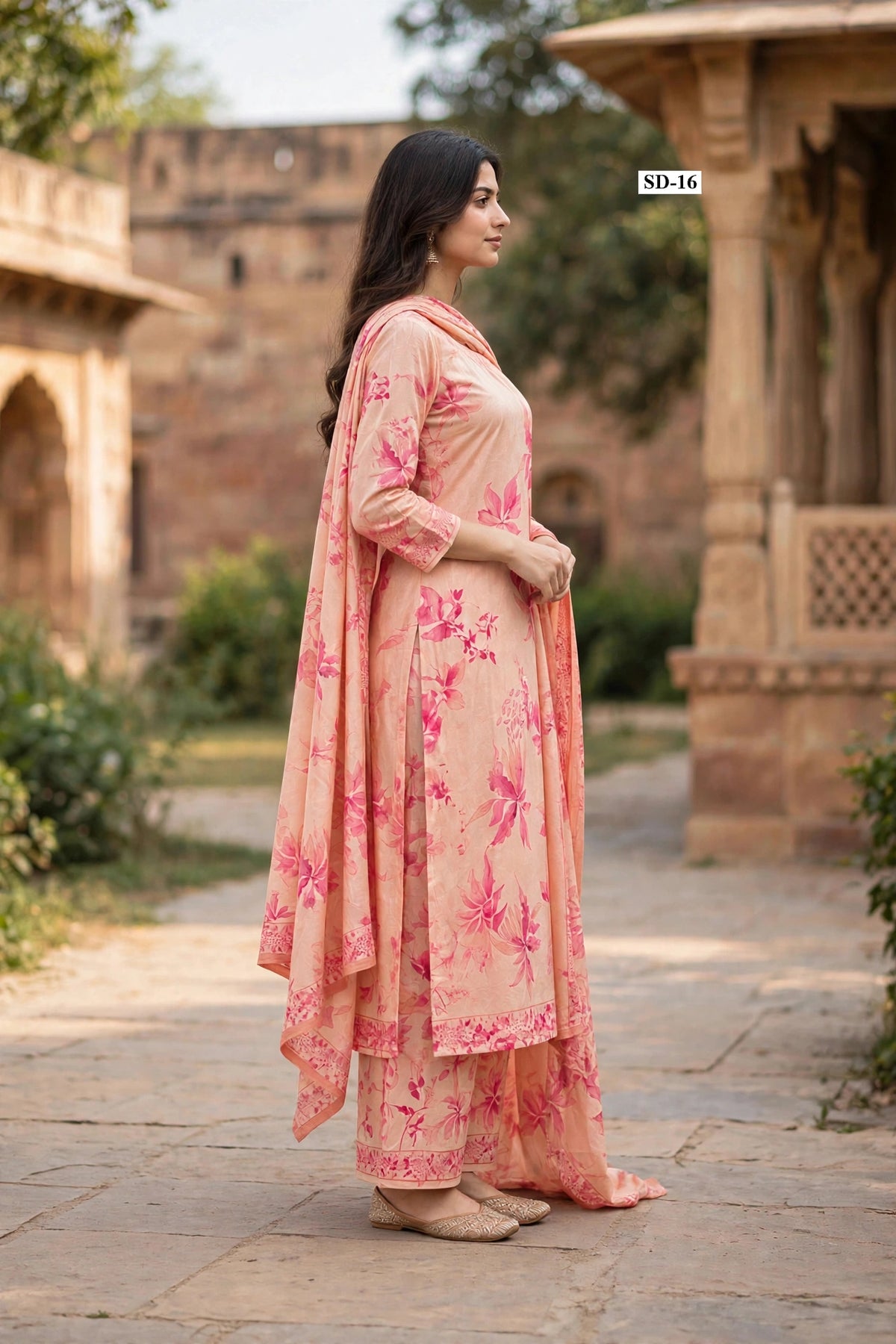 Wholesale SD-16 Peach Fuchsia Watercolor 3 Pcs Suit - Side View | The Wardrobe Fabrics