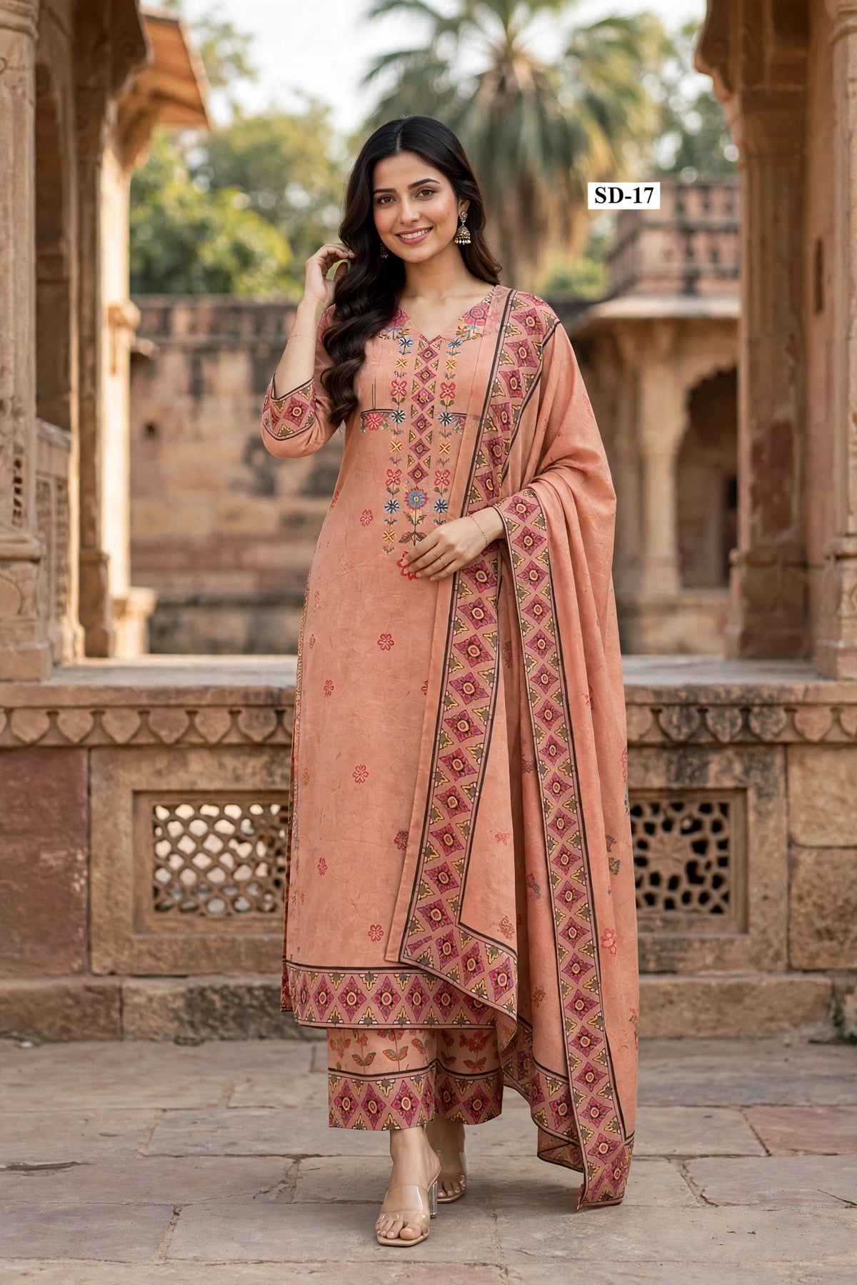 Wholesale SD-17 Terracotta Floral Yoke 3 Pcs Suit - Semi Muslin | The Wardrobe Fabrics