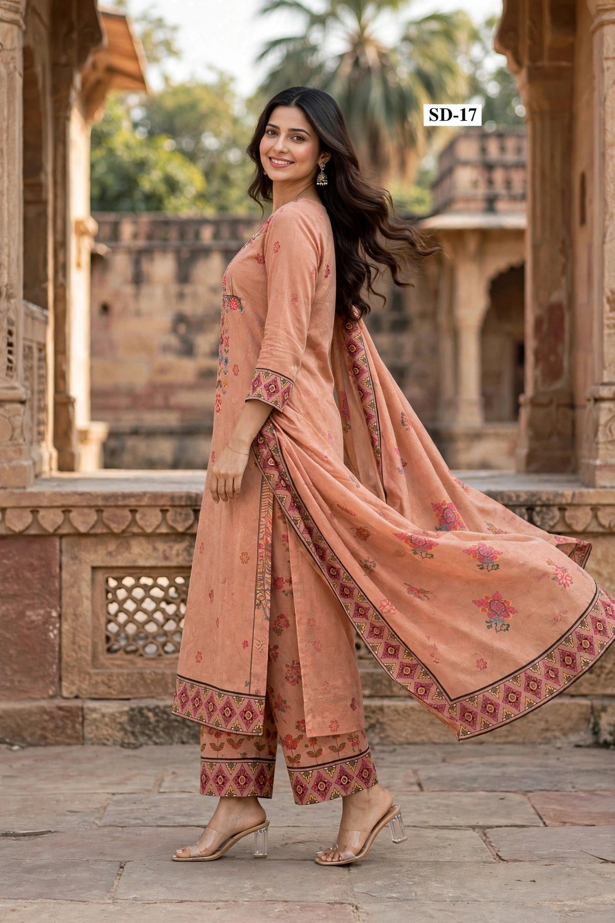 Wholesale SD-17 Terracotta Floral Yoke 3 Pcs Suit - Alternate Pose | The Wardrobe Fabrics