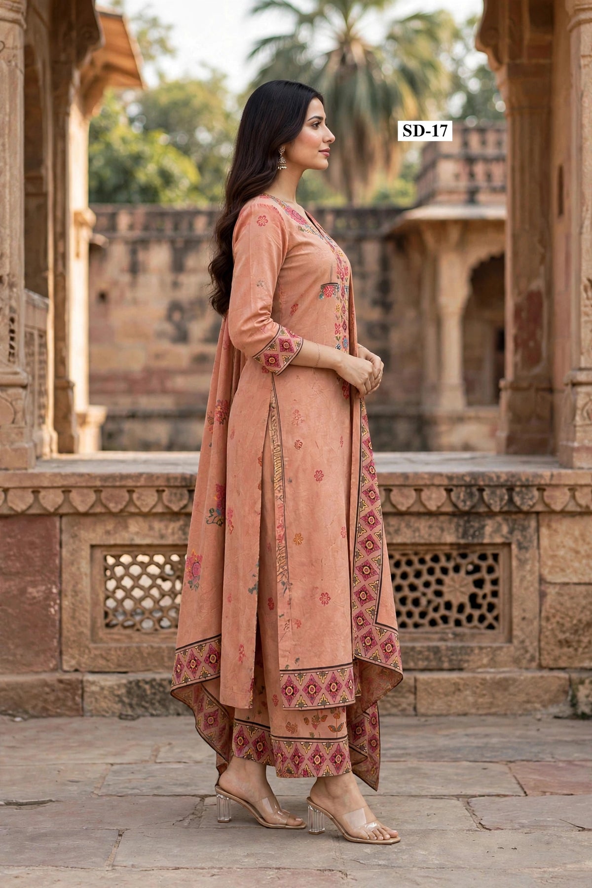 Wholesale SD-17 Terracotta Floral Yoke 3 Pcs Suit - Side View | The Wardrobe Fabrics