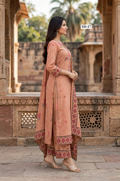 Wholesale SD-17 Terracotta Floral Yoke 3 Pcs Suit - Side View | The Wardrobe Fabrics