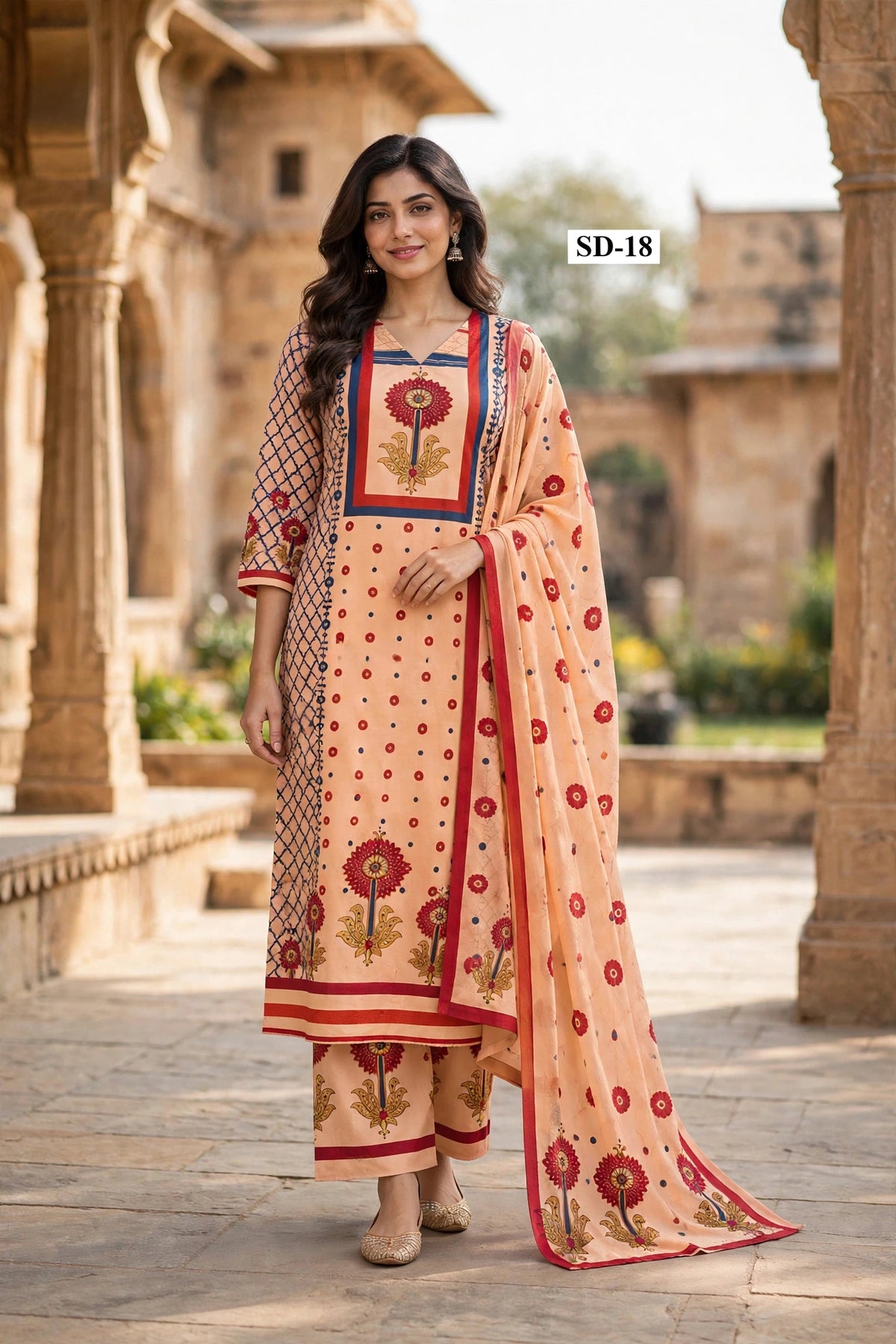Wholesale SD-18 Peach Sunflower Yoke 3 Pcs Suit - Semi Muslin | The Wardrobe Fabrics