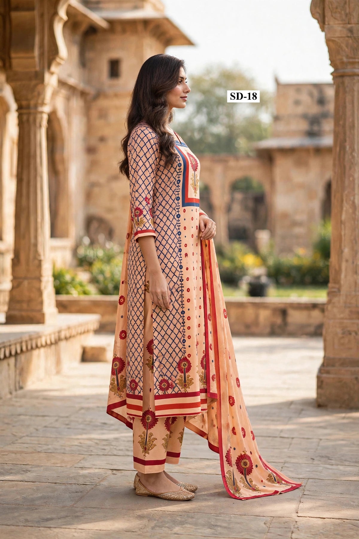 Wholesale SD-18 Peach Sunflower Yoke 3 Pcs Suit - Side View | The Wardrobe Fabrics