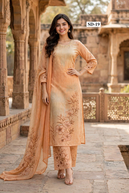 Wholesale SD-19 Apricot Line Art Floral 3 Pcs Suit - Semi Muslin | The Wardrobe Fabrics