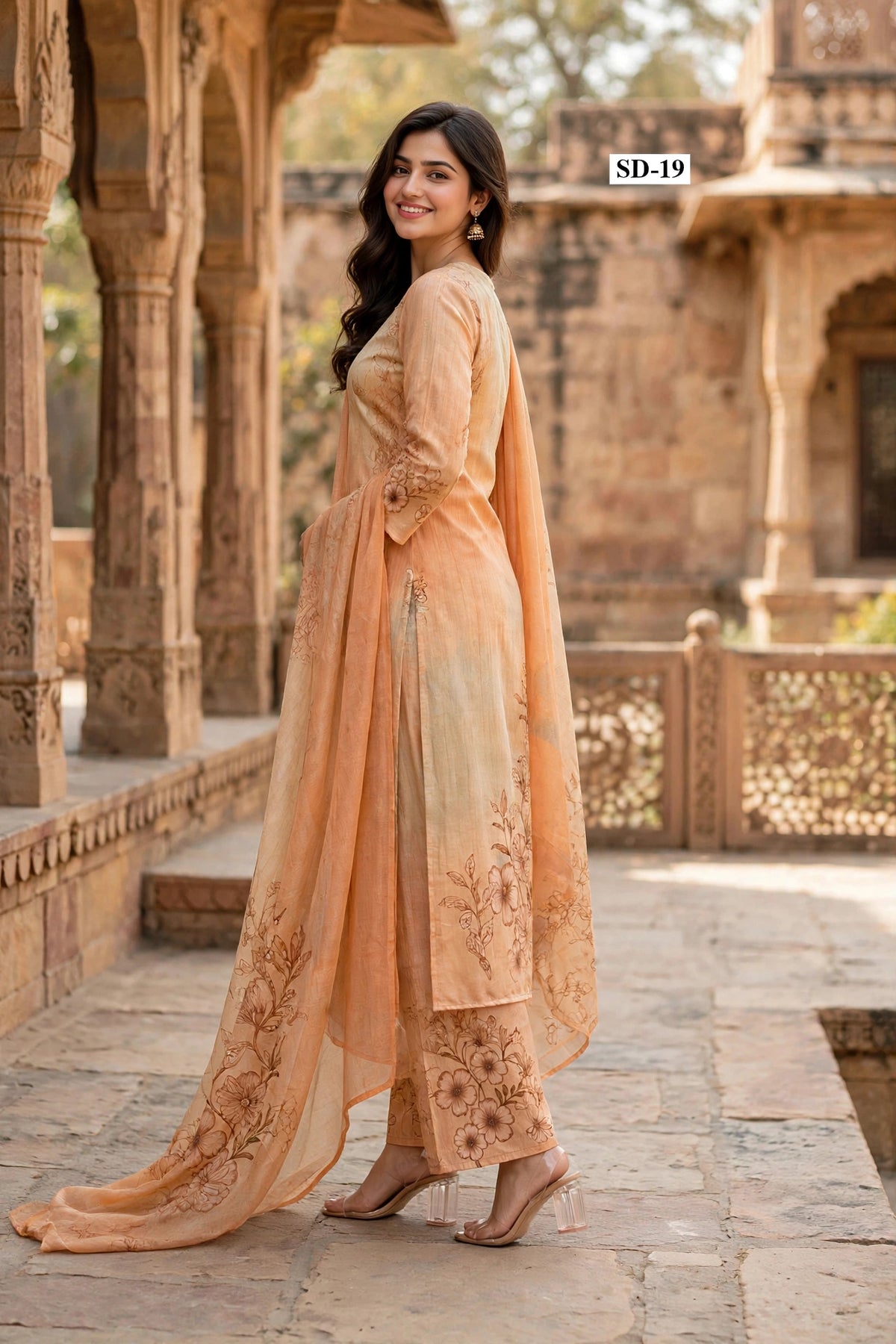Wholesale SD-19 Apricot Line Art Floral 3 Pcs Suit - Alternate Pose | The Wardrobe Fabrics