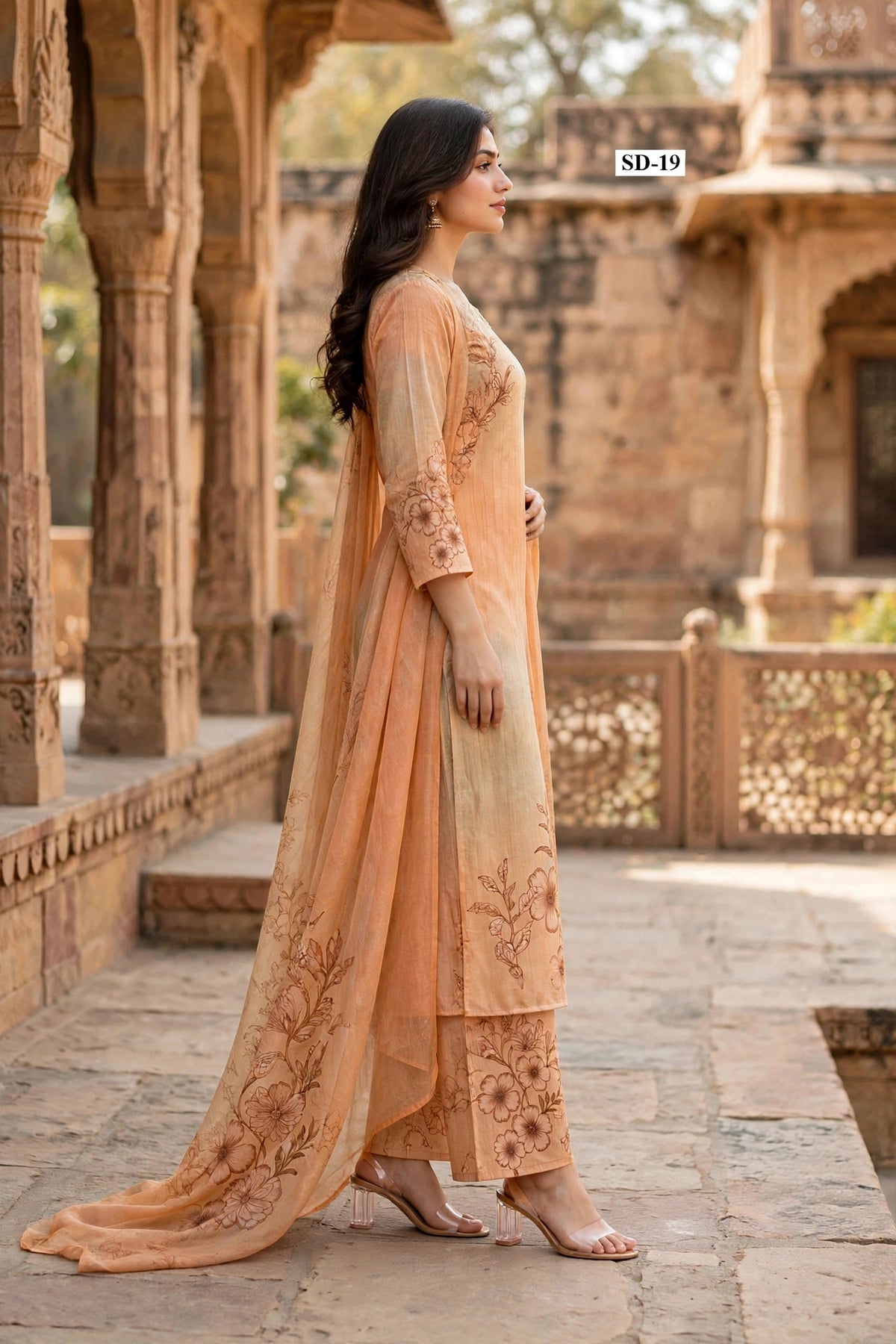 Wholesale SD-19 Apricot Line Art Floral 3 Pcs Suit - Side View | The Wardrobe Fabrics