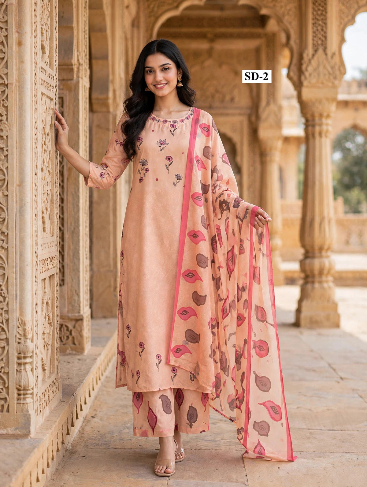 Wholesale SD-2 Peach Floral Sprig 3 Pcs Suit - Semi Muslin | The Wardrobe Fabrics
