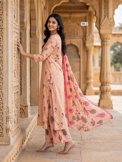 Wholesale SD-2 Peach Floral Sprig 3 Pcs Suit - Alternate Pose | The Wardrobe Fabrics