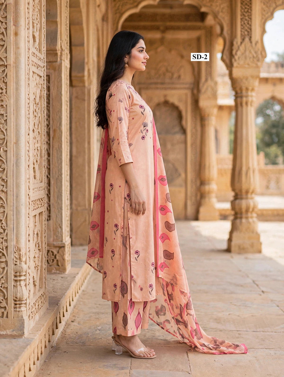 Wholesale SD-2 Peach Floral Sprig 3 Pcs Suit - Side View | The Wardrobe Fabrics