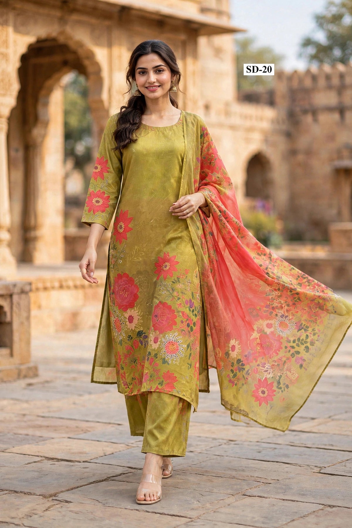 Wholesale SD-20 Olive Mustard Peony 3 Pcs Suit - Semi Muslin | The Wardrobe Fabrics