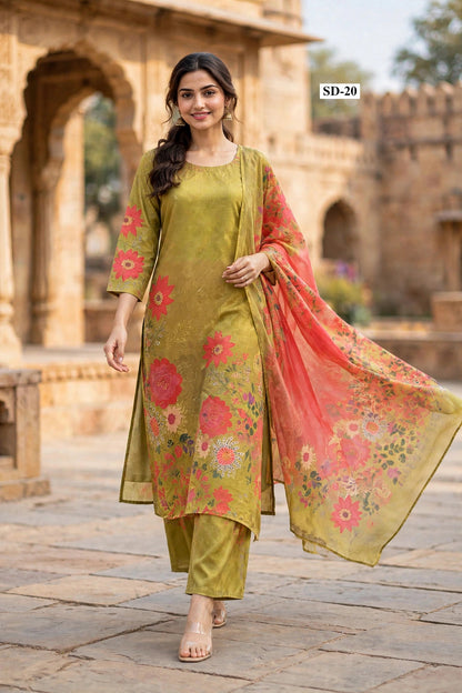 Wholesale SD-20 Olive Mustard Peony 3 Pcs Suit - Semi Muslin | The Wardrobe Fabrics