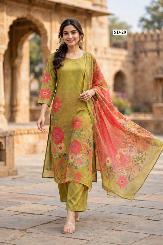 Wholesale SD-20 Olive Mustard Peony 3 Pcs Suit - Semi Muslin | The Wardrobe Fabrics