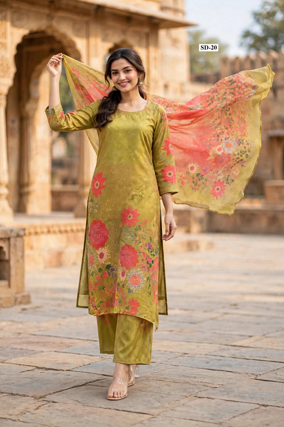 Wholesale SD-20 Olive Mustard Peony 3 Pcs Suit - Alternate Pose | The Wardrobe Fabrics