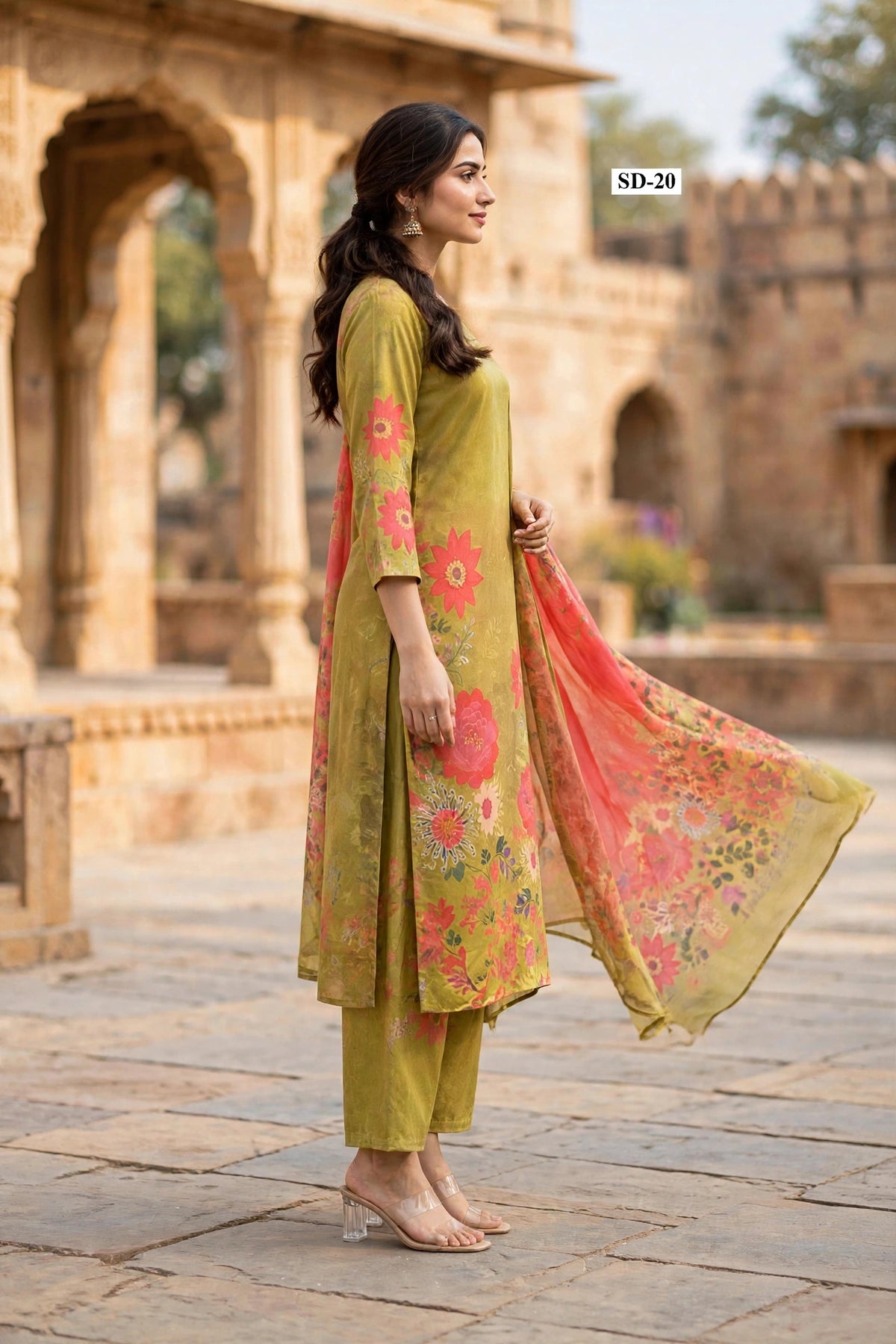 Wholesale SD-20 Olive Mustard Peony 3 Pcs Suit - Side View | The Wardrobe Fabrics