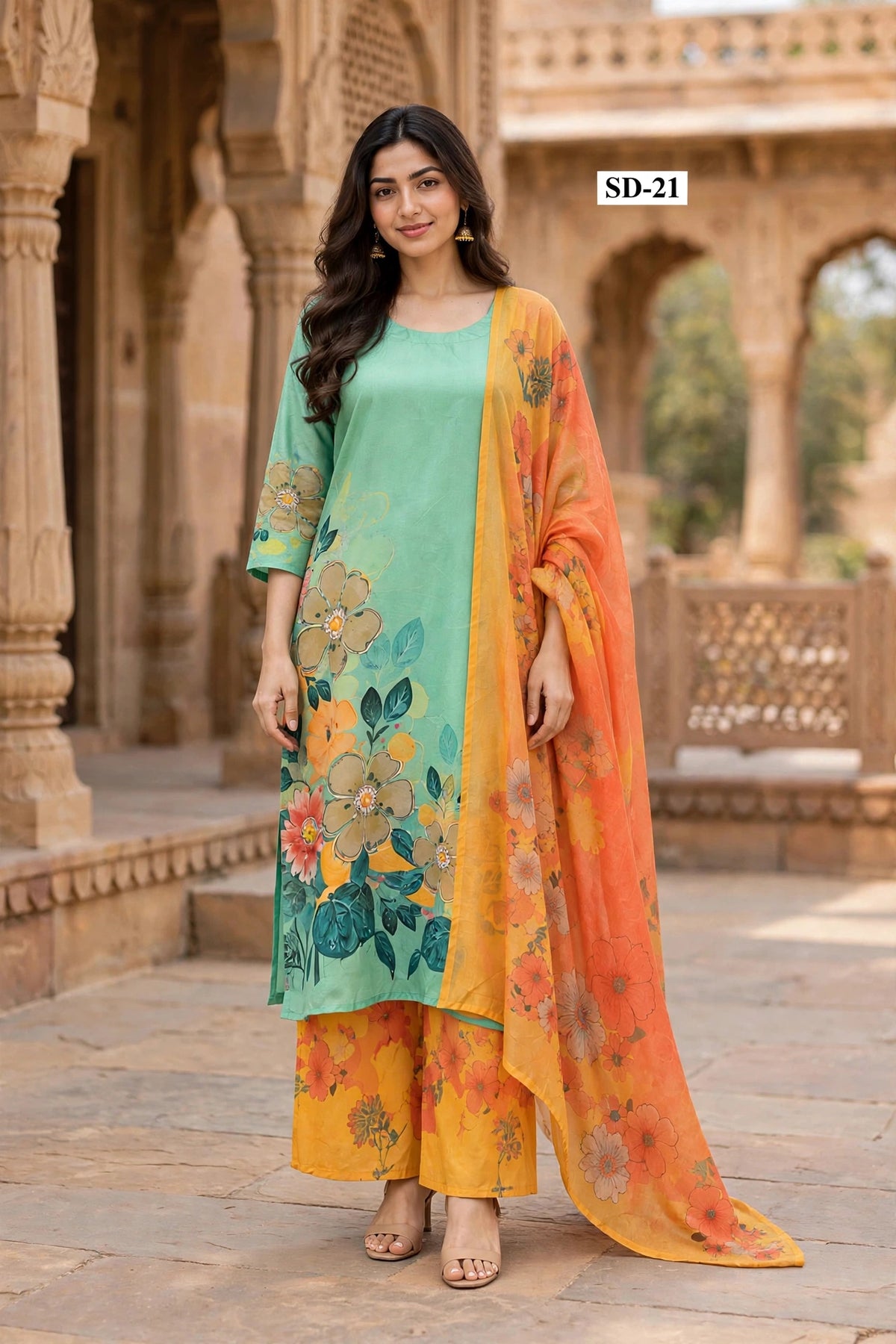 Wholesale SD-21 Mint Watercolor Floral 3 Pcs Suit - Semi Muslin | The Wardrobe Fabrics