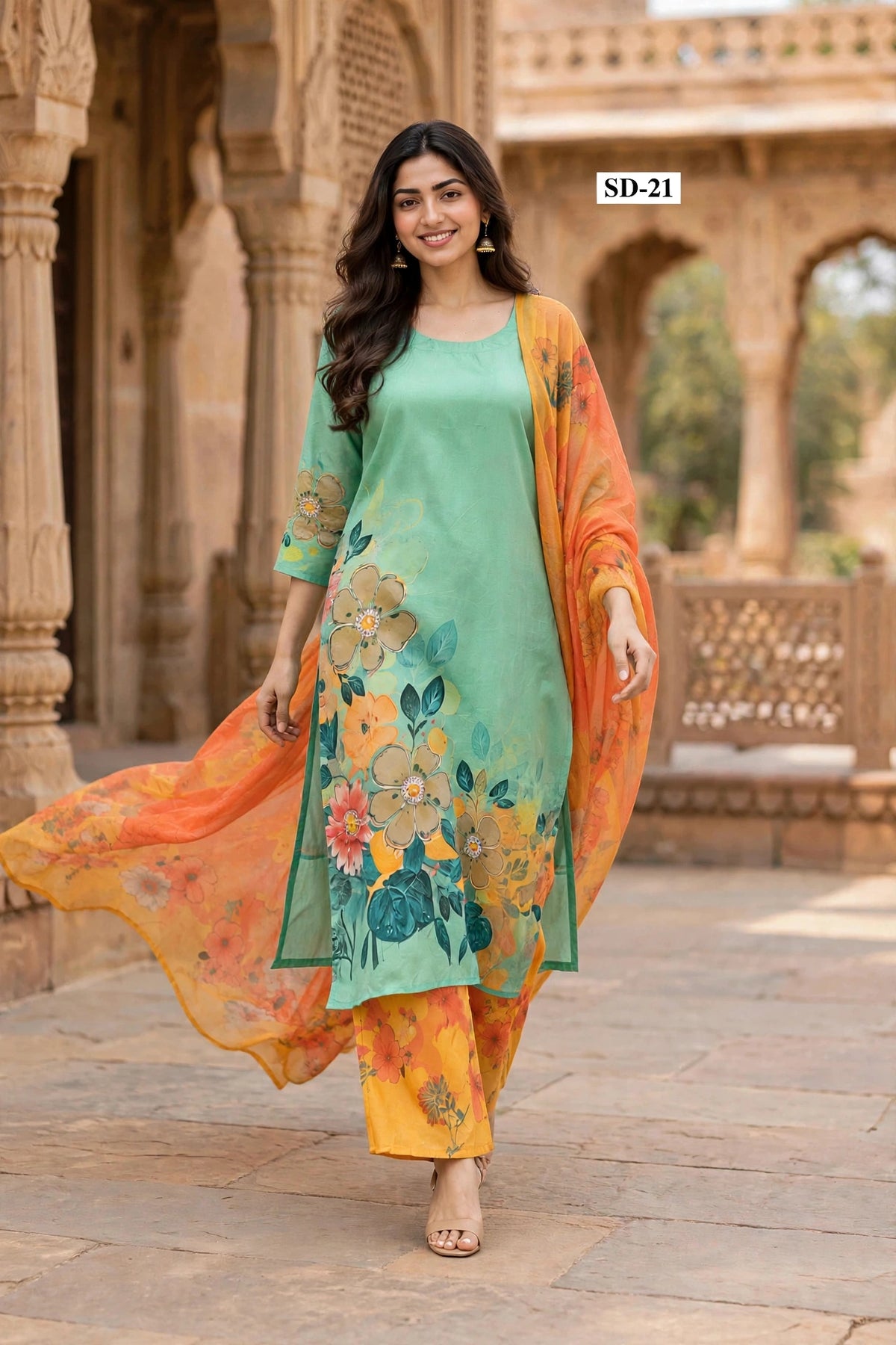 Wholesale SD-21 Mint Watercolor Floral 3 Pcs Suit - Alternate Pose | The Wardrobe Fabrics