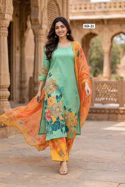 Wholesale SD-21 Mint Watercolor Floral 3 Pcs Suit - Alternate Pose | The Wardrobe Fabrics