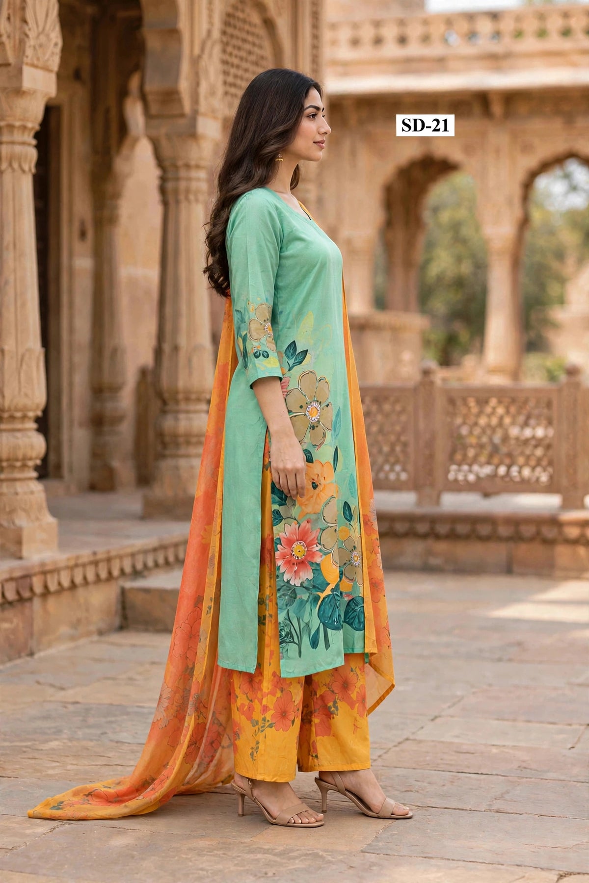 Wholesale SD-21 Mint Watercolor Floral 3 Pcs Suit - Side View | The Wardrobe Fabrics