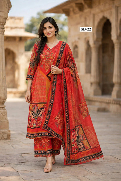 Wholesale SD-22 Red Golden Medallion 3 Pcs Suit - Semi Muslin | The Wardrobe Fabrics