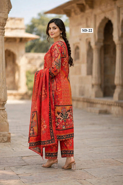Wholesale SD-22 Red Golden Medallion 3 Pcs Suit - Alternate Pose | The Wardrobe Fabrics