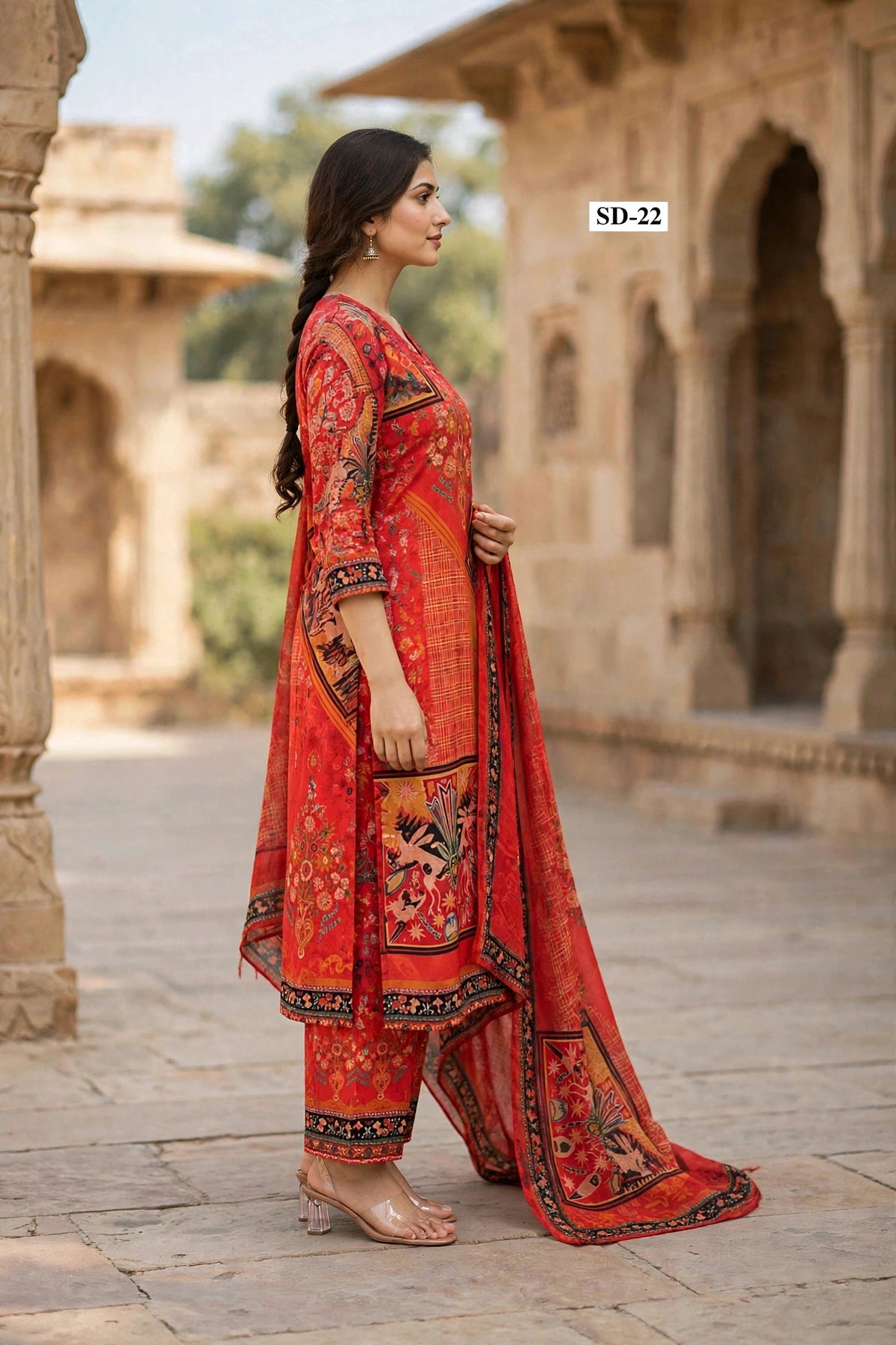 Wholesale SD-22 Red Golden Medallion 3 Pcs Suit - Side View | The Wardrobe Fabrics