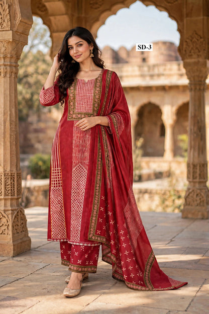 Wholesale SD-3 Crimson Gingham Lattice 3 Pcs Suit - Semi Muslin | The Wardrobe Fabrics