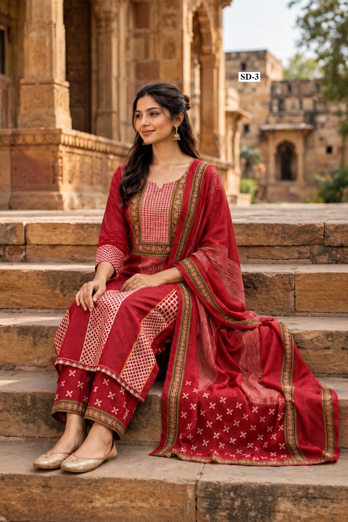 Wholesale SD-3 Crimson Gingham Lattice 3 Pcs Suit - Alternate Pose | The Wardrobe Fabrics