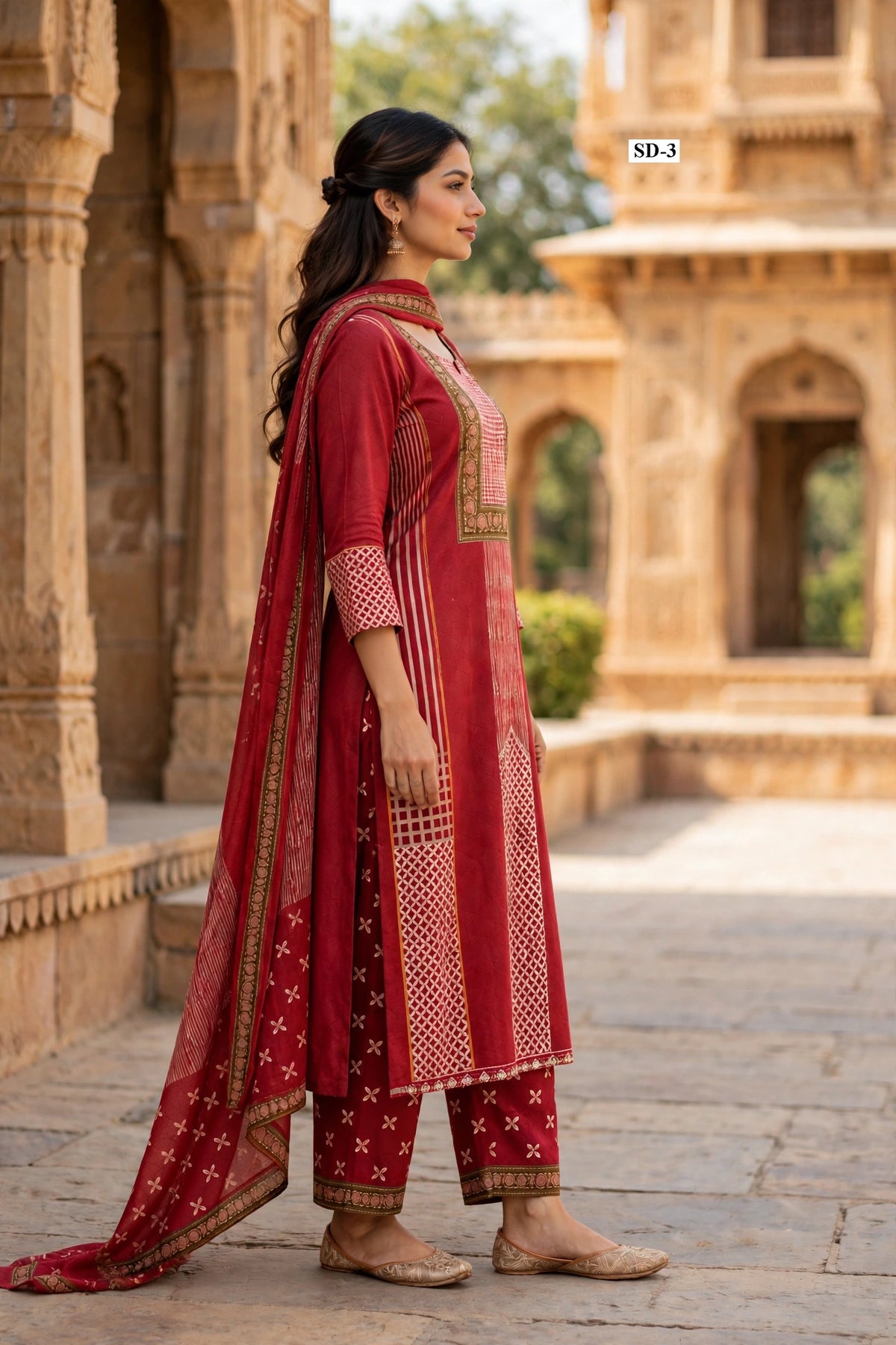 Wholesale SD-3 Crimson Gingham Lattice 3 Pcs Suit - Side View | The Wardrobe Fabrics