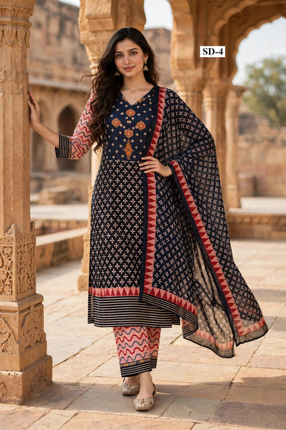Wholesale SD-4 Black Orange Floral Butti 3 Pcs Suit - Semi Muslin | The Wardrobe Fabrics