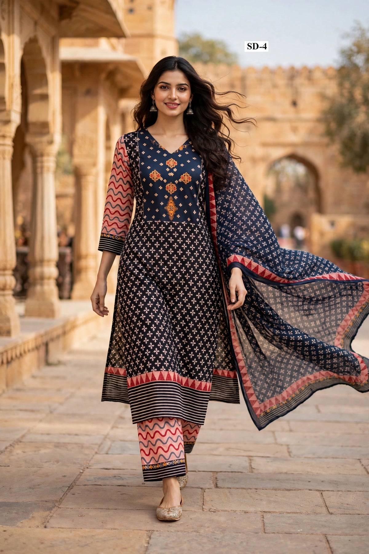 Wholesale SD-4 Black Orange Floral Butti 3 Pcs Suit - Alternate Pose | The Wardrobe Fabrics