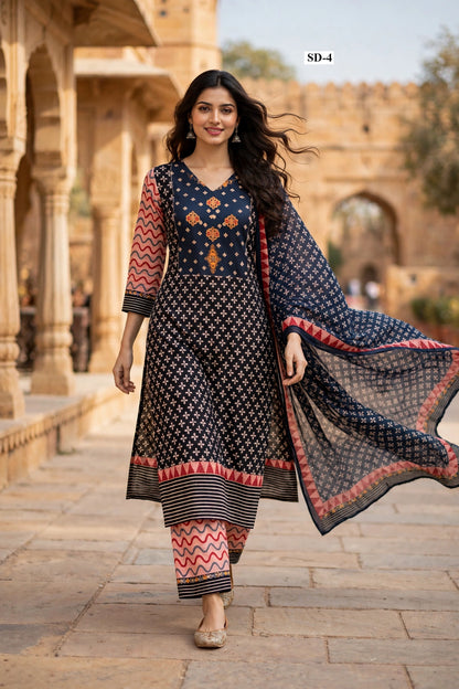 Wholesale SD-4 Black Orange Floral Butti 3 Pcs Suit - Alternate Pose | The Wardrobe Fabrics