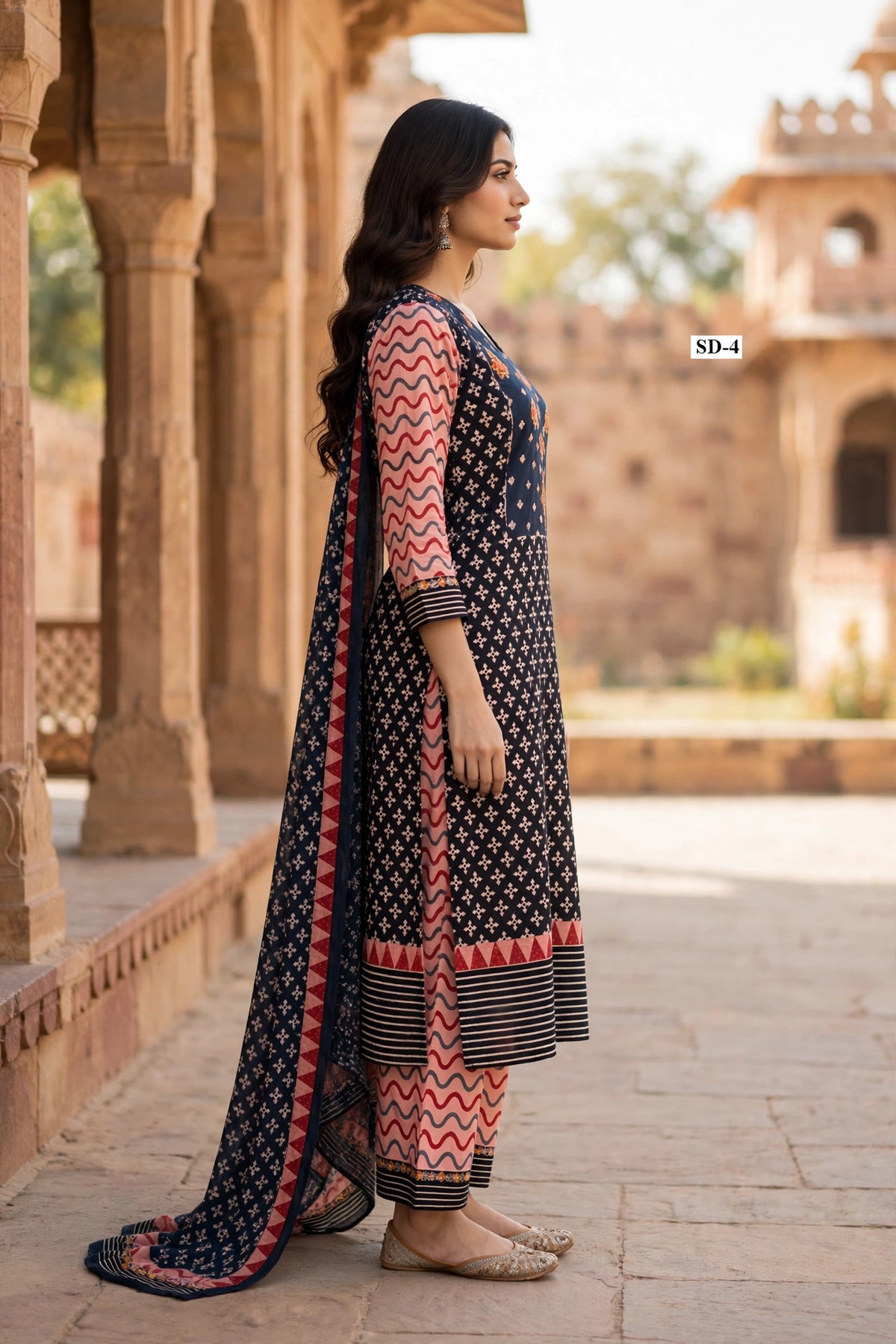 Wholesale SD-4 Black Orange Floral Butti 3 Pcs Suit - Side View | The Wardrobe Fabrics