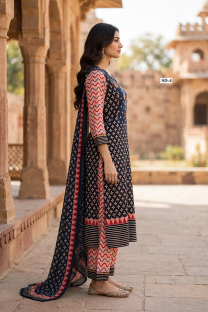 Wholesale SD-4 Black Orange Floral Butti 3 Pcs Suit - Side View | The Wardrobe Fabrics
