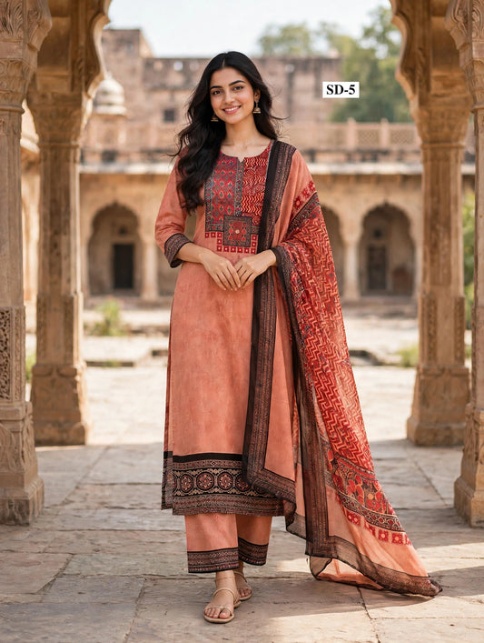 Wholesale SD-5 Peach Chevron Yoke 3 Pcs Suit - Semi Muslin | The Wardrobe Fabrics