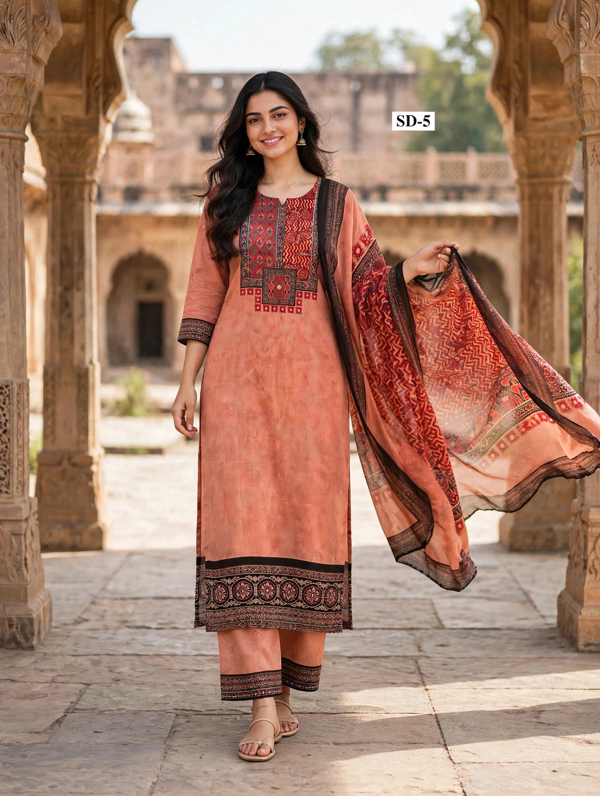 Wholesale SD-5 Peach Chevron Yoke 3 Pcs Suit - Alternate Pose | The Wardrobe Fabrics